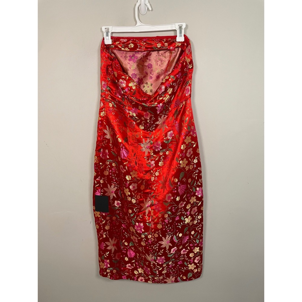 Lulus Make a Move Red Satin Floral Jacquard Strapless Midi Dress Size Large NWT - Picture 7 of 14
